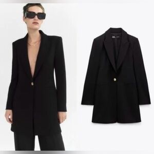 NWT Zara Long Fitted Blazer Lapel Collar, Shoulder Pads Sz M #116 424